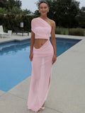 Mesh Hollow Out Backless Sexy Maxi Dress For Women Fashion One Sleeveless See Through Ruched Bodycon Club Long Dress