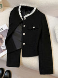 Black Slim Elegant Tweed Jacket Women Vintage Lace Patchwork Long Sleeve Sweet Coat Fall Winter French Casual Retro Tops