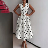 Pbong  Summer Polka Dot Print Long Dresses For Women Fashion Sleeveless V-neck Slim Dress Elegant