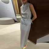 Pbong   Autumn Beach Solid Top Skirt Women Set Sleeveless Stand Collar Belt Blouse Blouse Hip Package Skirts Fashion Lady Suit New