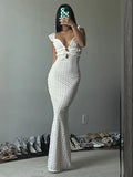 Sexy V-neck Knitted Hollow long Dress For Women Hip Wrap Sleeveless Fashion Solid Evening Party Maxi Knitwear Dress 