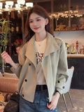 England Stand Collar Jacket Women Loose Long Sleeve Vintage Short Coat Fall Causal Double Breasted Lady Elegant Design Tops