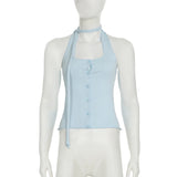 Halter Knitted Vest Top For Women Ribbon Single Breasted Backless Tanks Slim Summer Thin Hot Girl Plunge T shirt Casual