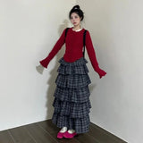 Vintage Ruffle Plaid Skirt Women Elegant Sweet Long Skirts Japanese Style Streetwear Fashion Patchwork Layered Skirt