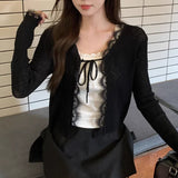 Lace Trim Tie Up Knit Top for Women Sheer Knitted Crop Cardigan Long Sleeve Open Jacket Teen-girl Y2K Sweetgirl Cute Outfit