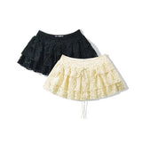 Pbong  Women Yellow Black Y2K Lace Mini Skirt Sexy Low Waist Side Zipper A-line  Layered Summer Skirts With Short Lining