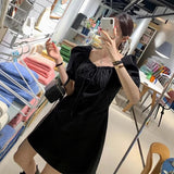Pbong  Chic Summer Anti-Aging  Knot Square Collar Dress Women's Waist Cinching Slimming Bubble Sleeve Short Dress