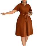 Pbong  Fashionable Pure Color Belted Short Sleeve plus Size Dress Elegant Summer Women's Clothing V-neck Knee-length Dress