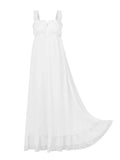 Pbong  Women White Long Dress Lace Trim Tie-up V Neck Sleeveless Ruffle Loose Tank Dress for Evening Party Club Bohemian Summer