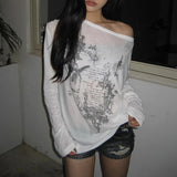 Korean Fashion Graphic Tees Women Transparent Vintage Gothic T Shirt Long Sleeve Loose Punk T-shirt Streetwear Tops