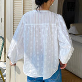 Elegant Pretty  Blouses Shirts Women Tops Floral Whole Piece Embroidery Long Sleeve O Neck Boho 100% Cotton Blouse Shirt Autumn