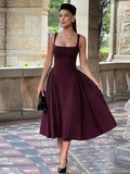 Women's Elegant Solid High Waist Pleated Long Dress Fashion Square Neck Sleeveless A-line Dresses Vocation Beach Streetwear