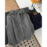 Vintage Y2K Gray Hooded Cardigan Women Lazy Wind American Harajuku Knitted Sweater Fall Winter Retro Long Sleeve Bf Casual Tops