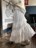 Korean Fashion White Ruffle Lace Skirt Women Fairycore Vintage High Waist Irregular Patchwork Long Skirt Cute Streetwear