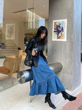 Denim Long Skirt Half Cake Umbrella Skirts for Woman Mid-length Elastic High Waist Dress Korean Fashion Y2k Clothing
