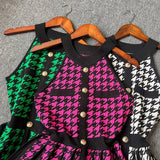 Pbong  Fashion Women Pleated Knitted Dress Summer Y2K Sleeveless Bird Lattice Short Dress Chic Lady Party Vestidos
