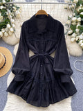 Gentle Korean Shirt Dress Female Single Breasted Lace Spliced Fashion Long Sleeve Women A Line Solid Autumn Chic Dress