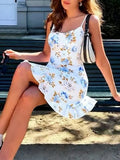 Pbong  Chic Music Festivals Floral Tie Strap Mini Dress for Women Square Collar Slimming Ruffled Hem for Casual Outings