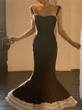 New Summer Ruffle Patchwork Long Dress Sleeveless Square Collar Black Sexy Party Women Dress Bow Chic Fashion Fishtail Vestidos