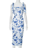 Floral Print Backless Sexy Maxi Dress For Women Gown Spaghetti Strap Square Collar Ruched Bodycon Club Party Dress
