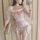 Pbong  Summer Sweet Print Slim Lace 2 Piece Set Women Fashion Off Shoulder Short Sleeve Dress Female Elegant Skinny A Line Dresses New