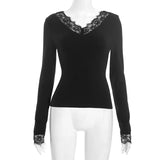 Pbong  New Winter Women's V-neck Lace Trim Splice Waist-cinching Belly-baring Trendy Street Style Long Sleeve Polyester T-shirt