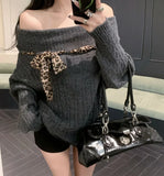 Sexy Off Shoulder Y2K Sweater Women Vintage Leopard Lace Up Knitted Jumper Casual Lazy Wind Long Sleeve Slash Neck Pullover