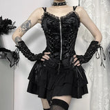 Black Rose Print Lace-up Camis Tops Vintage Sexy Elegant Backless Zipper Lace Trim Sleeveless Tank Tops Women Fashion