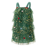 Pbong  Women Christmas Tree Sequined Glitter Star Sleeveless Loose Fit Ruffled Layered Tiered Holiday Loose Tulle Mini Dress