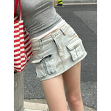 American Retro Skinny Pockets Denim Short Skirt Vintage 2000s High Waist Slim-fitting Basic Women Streetwear Y2k Mini Dress