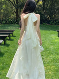 Women Beach Flower Ruffle Halter Dress Summer White Sleevelss Backless Long Princess Party Dresses Female Fashion Holiday Robe