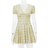 Pbong  French Style Retro Floral A-Line Dresses Female Sexy Low-Cut V-Neck Puff Short Sleeve Dress Woman Summer High Waist Mini Dress