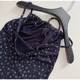 Pbong   Dark Blue Floral Dress Short Sexy Lace-up Bow Squared Collar Mini Dress Korean Chic Hot Girl Summer Beach Spaghetti Strap Dress