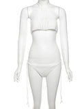 Sexy Crochet 2 Piece Set Women Hollow Swimsuit Halter Mini Camisole+Bandage Panties Matching Club Beach Vacation Suit
