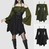 Women's Dresses Autumn Halloween Contrast Color Asymmetrical Hem Flounce Trim Lace Up Long Sleeve Off Shoulder Mini Dre
