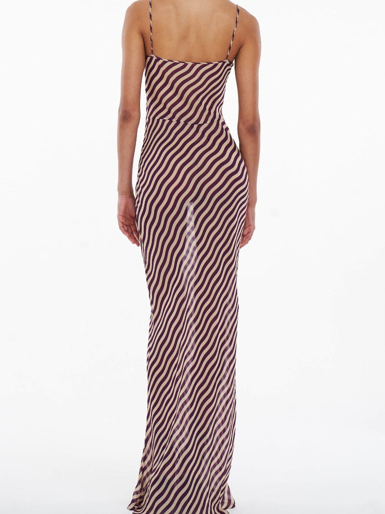 Fashion Striped Printed Beach Dress Women Sexy Mesh See Through Long Dress Summer Spaghetti Strap Slim Evening Party Dress