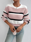 autumn and winter hot sale new acrylic loose drop shoulder round neck color matching knitted long sleeve ladies sweater