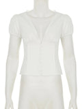 V Neck Short Sleeve T shirt For Women Lace Splice Puff Sleeve Top Slim Buttons Short T shirt Solid Sexy Hot Girl Tanks