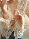 Pbong  Sweet Blouses For Women V-neck Flare Sleeve Summer Shirts Blusas Mujer De Moda Temperament Lace See Through Blouse Tops
