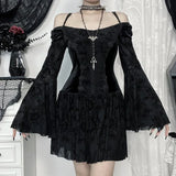 Goth Black Lace Flocking Off-Shoulder Flared Sleeve Party Dresses Y2K Vintage Velvet Patchwork A-Line Mini Dress Women