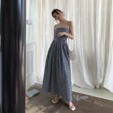 Vintage Plaid Dress Women Summer Korean Elegant Tube Top All-Match Midi Dress Y2K Folds Off Shoulder Holiday Beach Vestidos