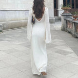 Pbong  Women Beach Style Knitted Hollow Out Long Dress Elegant Crochet Flare Sleeve Low Cut V Neck Backless Dress Club Party Vestidos