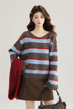 Korean Sweet Striped Sweater Women Sexy V Neck Vintage Knitted Jumper Casual Long Sleeve Female Lazy Wind Pullover Tops New