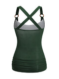 2025 Women's Tops Colorblock Textured Crossover Faux Twinset Tank Top O Ring Strap Ruched Long 2 in 1 Tank Top
