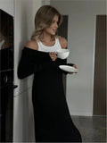Fashion Fake Two Piece Shoulder Off Long Dress Modal Soft Vintage Slash Neck Slim Women Dress 2025 New Winter Fall Female Cloth