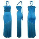 Pbong  Summer Trendy Tassel Splice Wrap Dress Empire Waist Ankle-Length Sleeveless Hanging Neck Style Women's Dress New Arrival