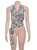 Sexy Zebra Print Tank Tops Backless Swing Collar Lace-Up Halter Side Tassel Sleeveless Elegant Party Summer Y2K Vest