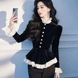Women's Black Velvet Shirt 2025 Spring Autumn Be All-match High-grade Ladies Blouse Long Sleeve Comfortable Slim Lady Tops