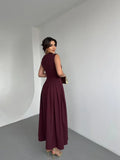 Women Fashion Slanted Shoulder High Waist Pleated Dress Elegant Sleeveless V-neck Long Robes Vocation Beach Street Vestidos