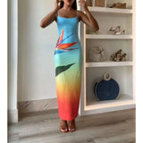 Pbong  Women's Summer Y2K Square Neck Sleeveless Adjustable Straps Sequined Leaves Print Slit Hem Contrast Color Slim Dress